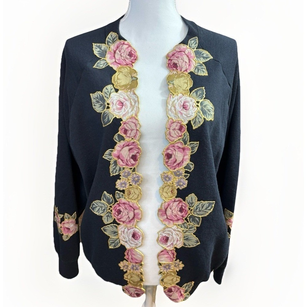 Floral Cardigan Women L Black Excellent handmade Rose Applique Vintage